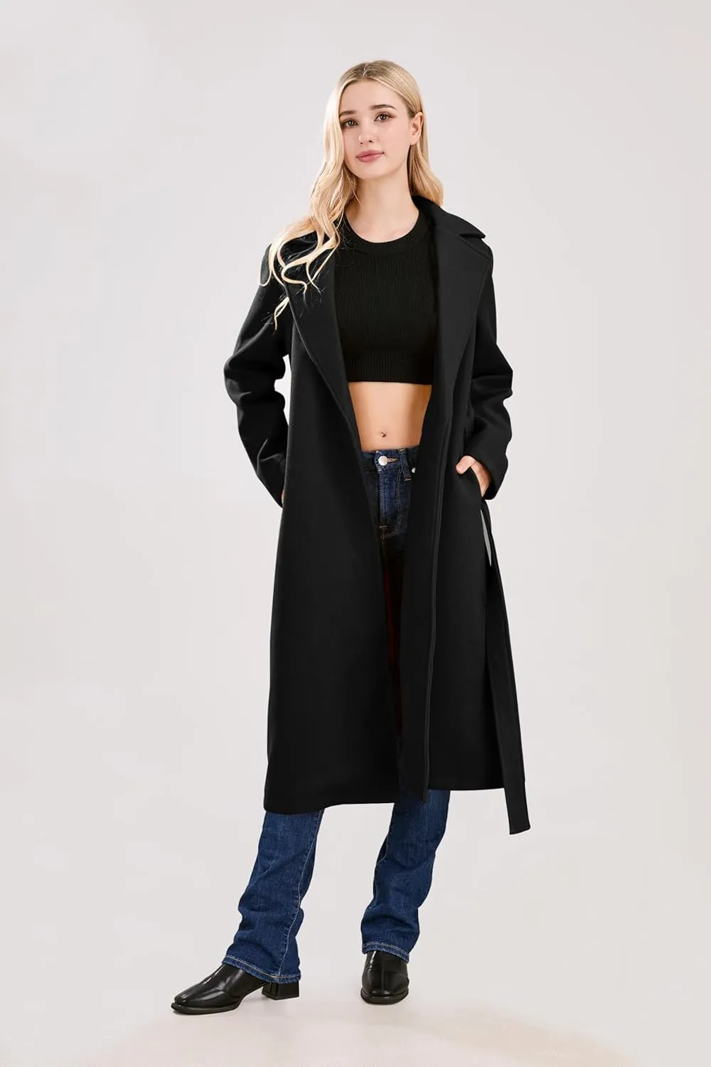 utcoco Womens Long Wool Pea Coats Notched Collar Open Front Woolen Blend Trench Coat with Belt