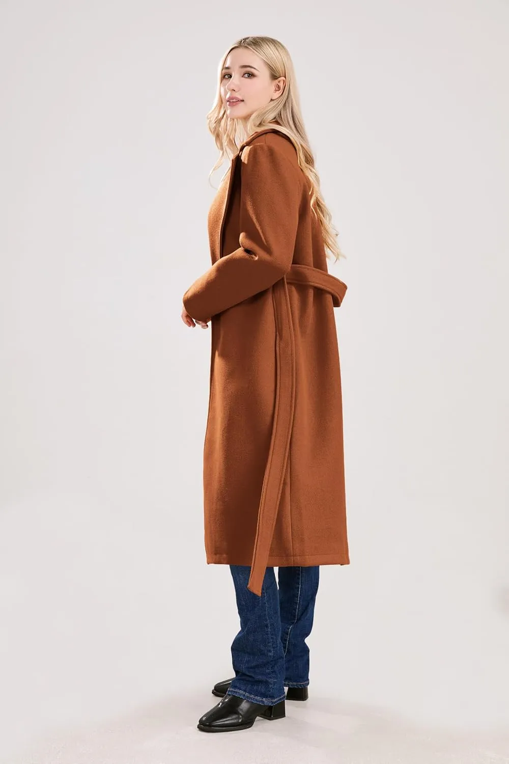 utcoco Womens Long Wool Pea Coats Notched Collar Open Front Woolen Blend Trench Coat with Belt