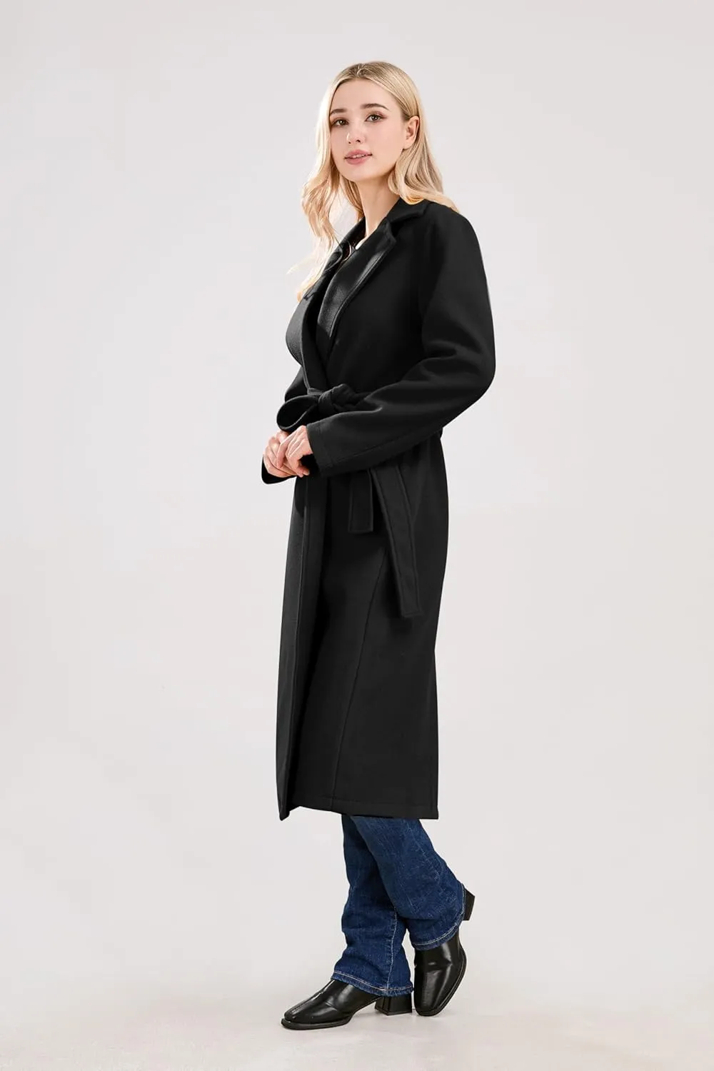 utcoco Womens Long Wool Pea Coats Notched Collar Open Front Woolen Blend Trench Coat with Belt
