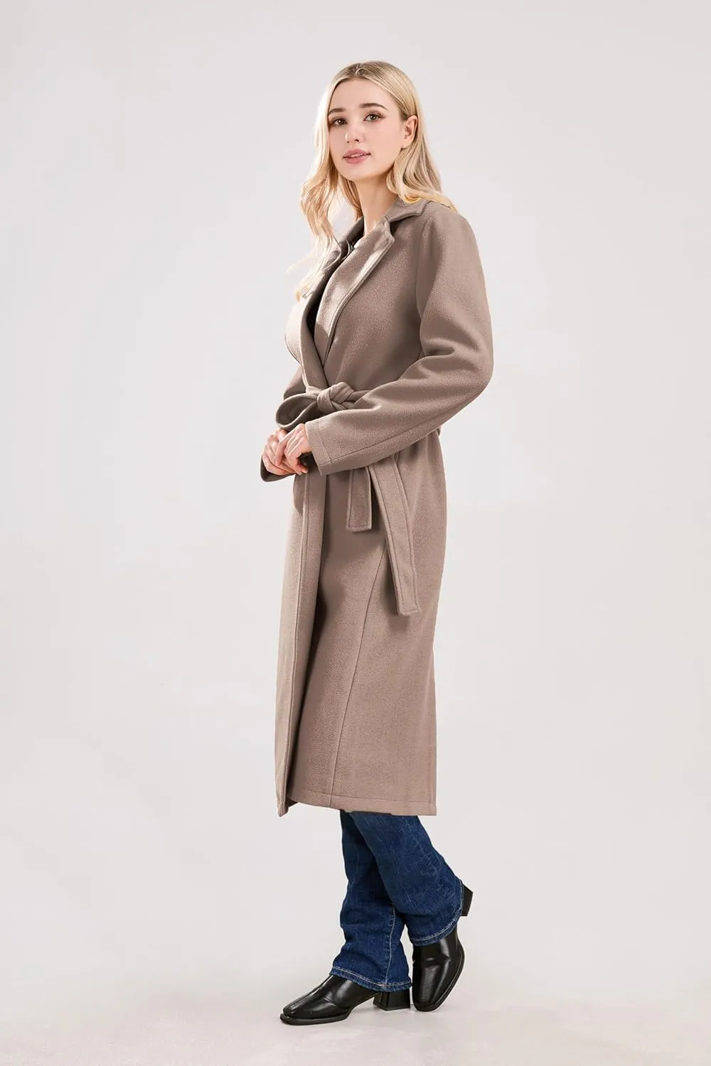 utcoco Womens Long Wool Pea Coats Notched Collar Open Front Woolen Blend Trench Coat with Belt