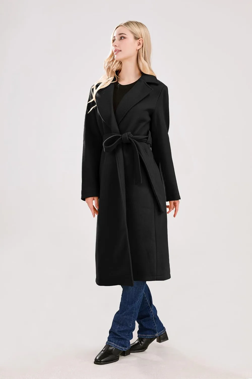 utcoco Womens Long Wool Pea Coats Notched Collar Open Front Woolen Blend Trench Coat with Belt