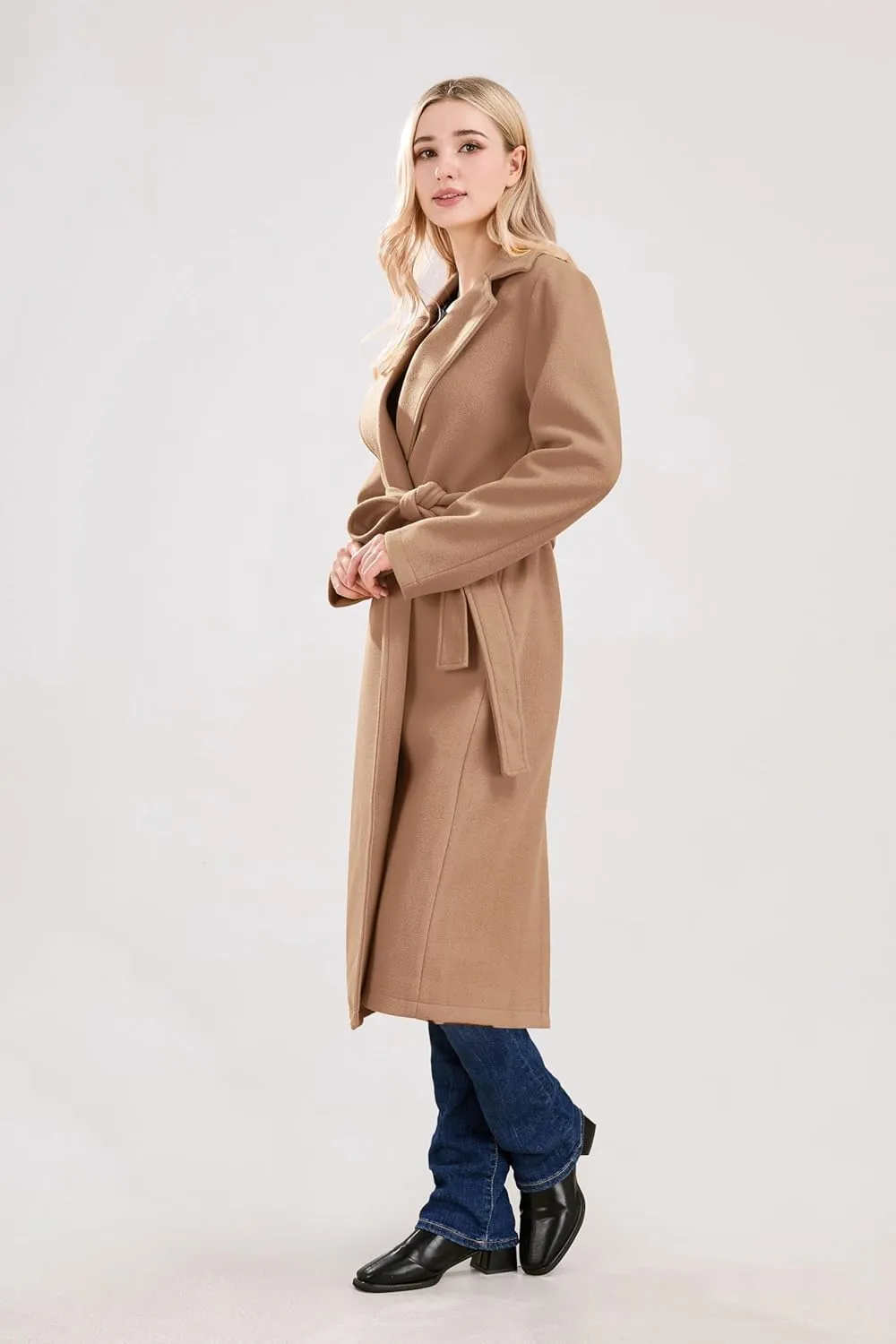 utcoco Womens Long Wool Pea Coats Notched Collar Open Front Woolen Blend Trench Coat with Belt
