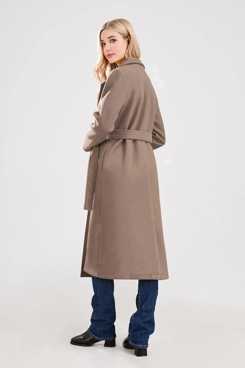 utcoco Womens Long Wool Pea Coats Notched Collar Open Front Woolen Blend Trench Coat with Belt