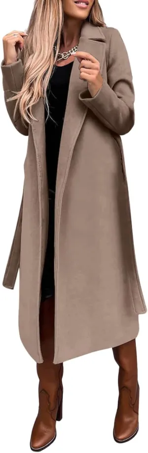 utcoco Womens Long Wool Pea Coats Notched Collar Open Front Woolen Blend Trench Coat with Belt
