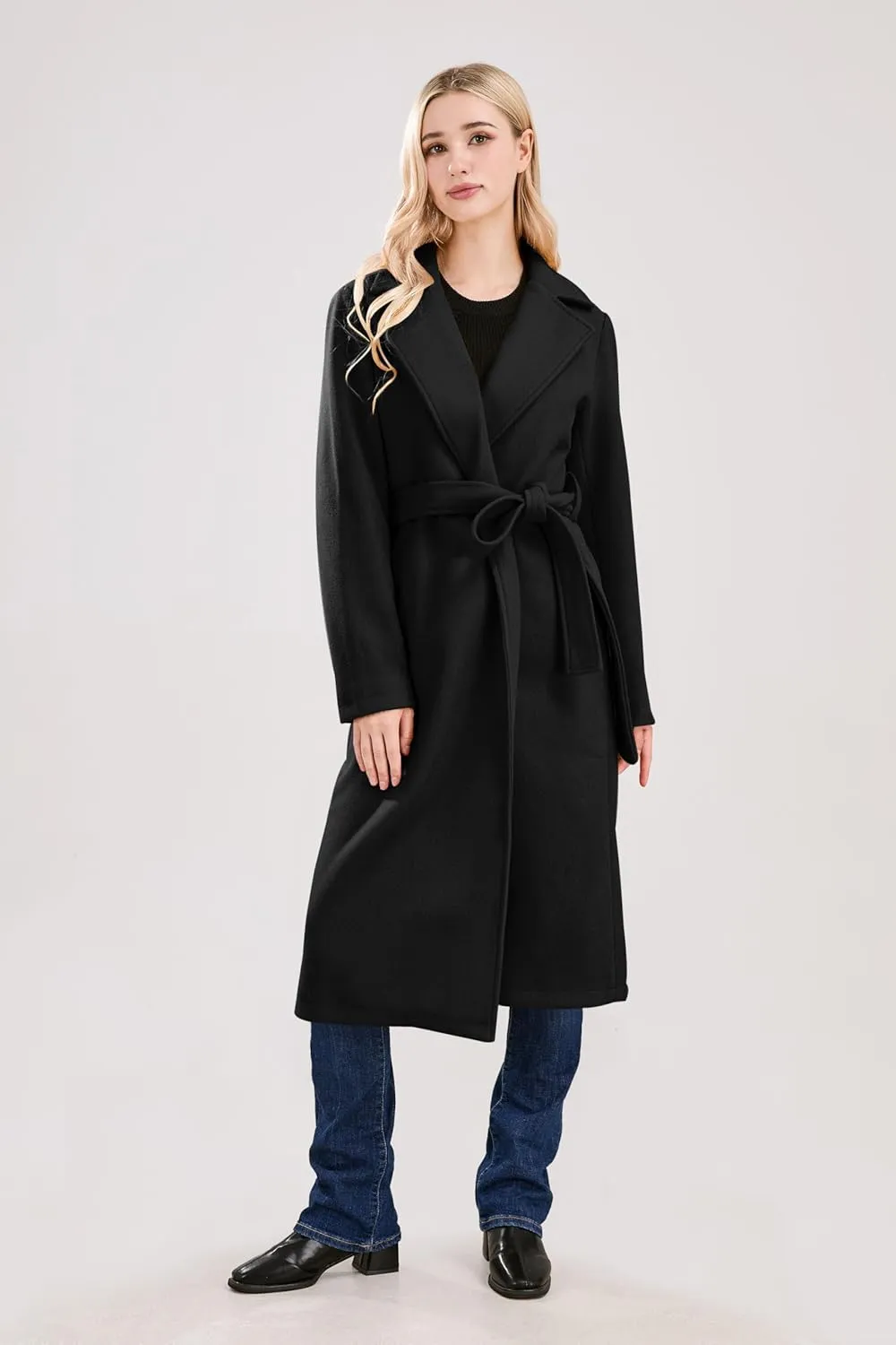 utcoco Womens Long Wool Pea Coats Notched Collar Open Front Woolen Blend Trench Coat with Belt