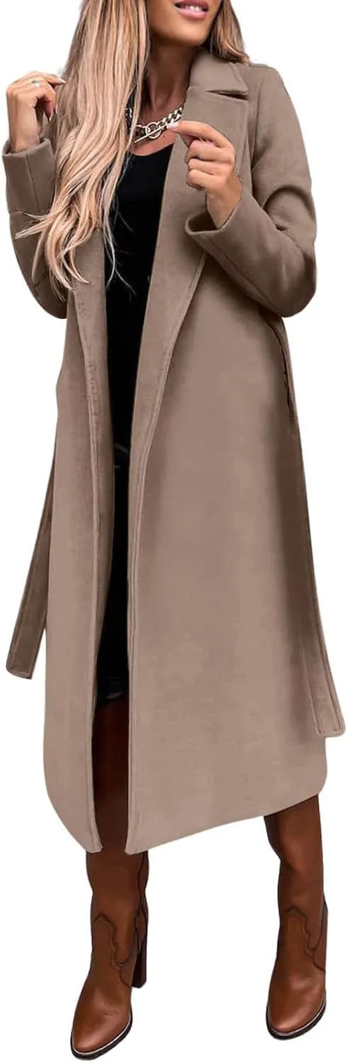 utcoco Womens Long Wool Pea Coats Notched Collar Open Front Woolen Blend Trench Coat with Belt