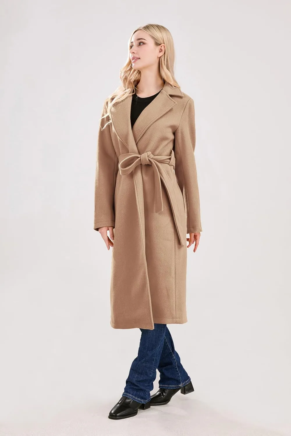 utcoco Womens Long Wool Pea Coats Notched Collar Open Front Woolen Blend Trench Coat with Belt