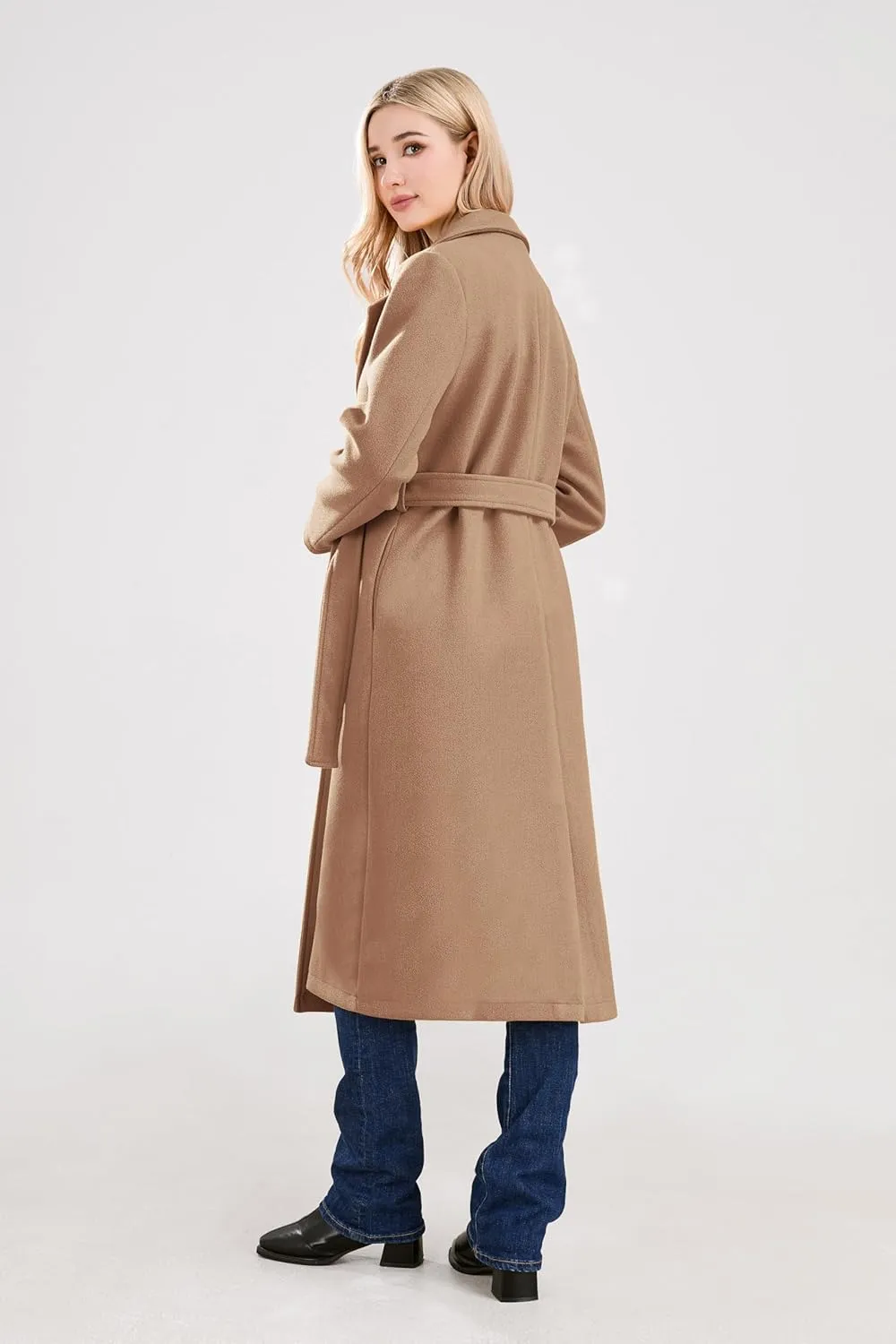 utcoco Womens Long Wool Pea Coats Notched Collar Open Front Woolen Blend Trench Coat with Belt