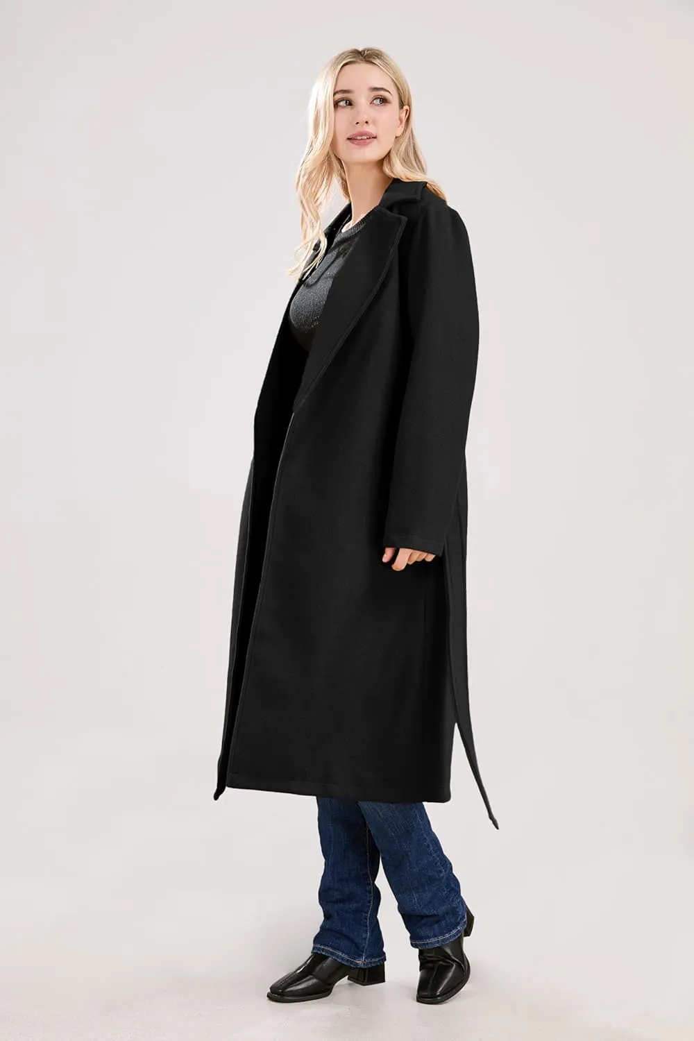 utcoco Womens Long Wool Pea Coats Notched Collar Open Front Woolen Blend Trench Coat with Belt