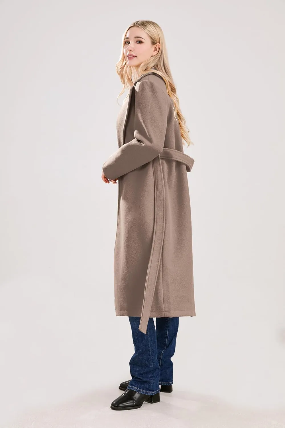 utcoco Womens Long Wool Pea Coats Notched Collar Open Front Woolen Blend Trench Coat with Belt