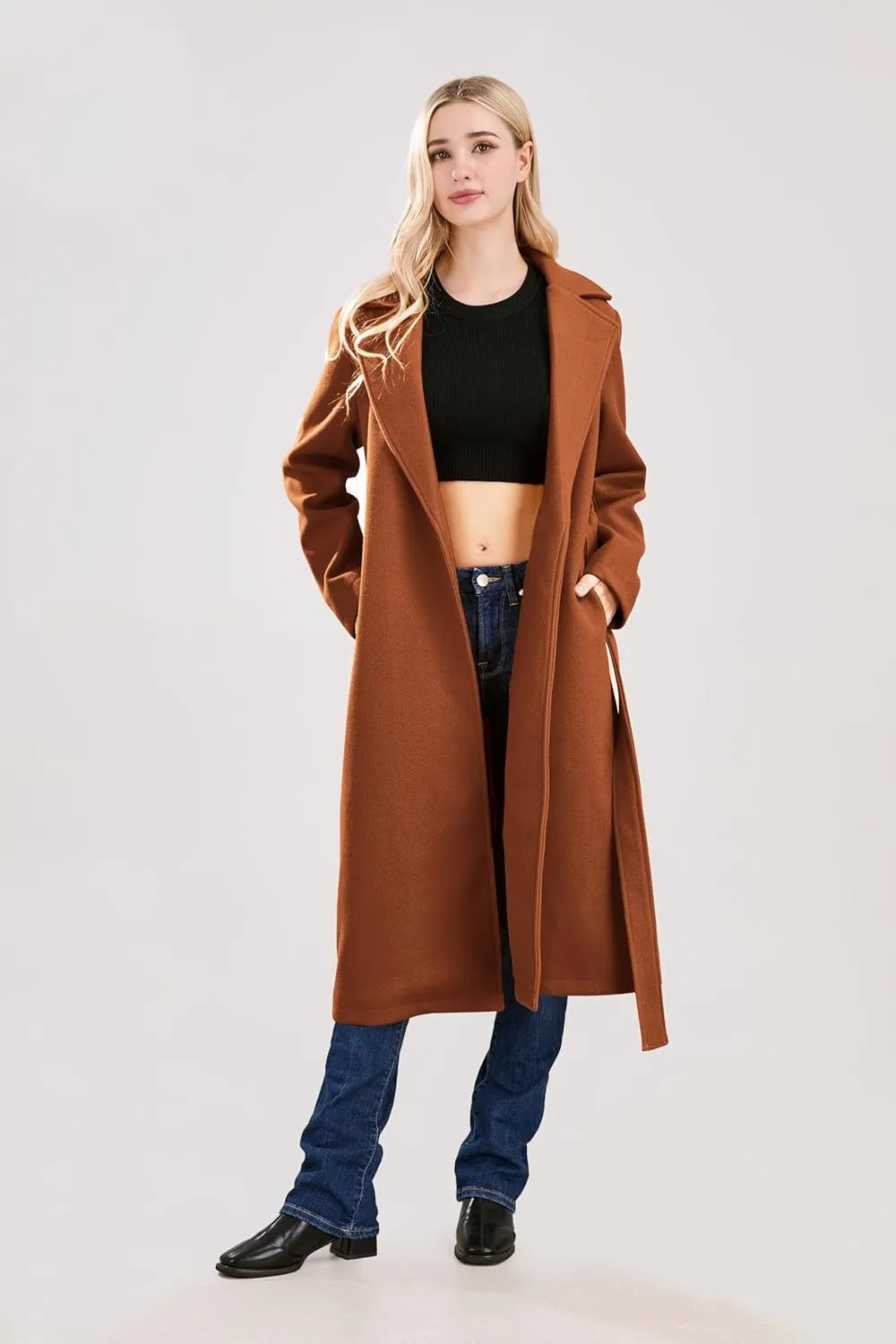 utcoco Womens Long Wool Pea Coats Notched Collar Open Front Woolen Blend Trench Coat with Belt