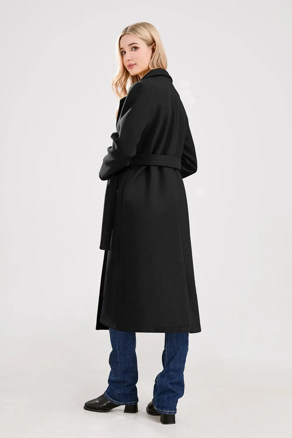 utcoco Womens Long Wool Pea Coats Notched Collar Open Front Woolen Blend Trench Coat with Belt