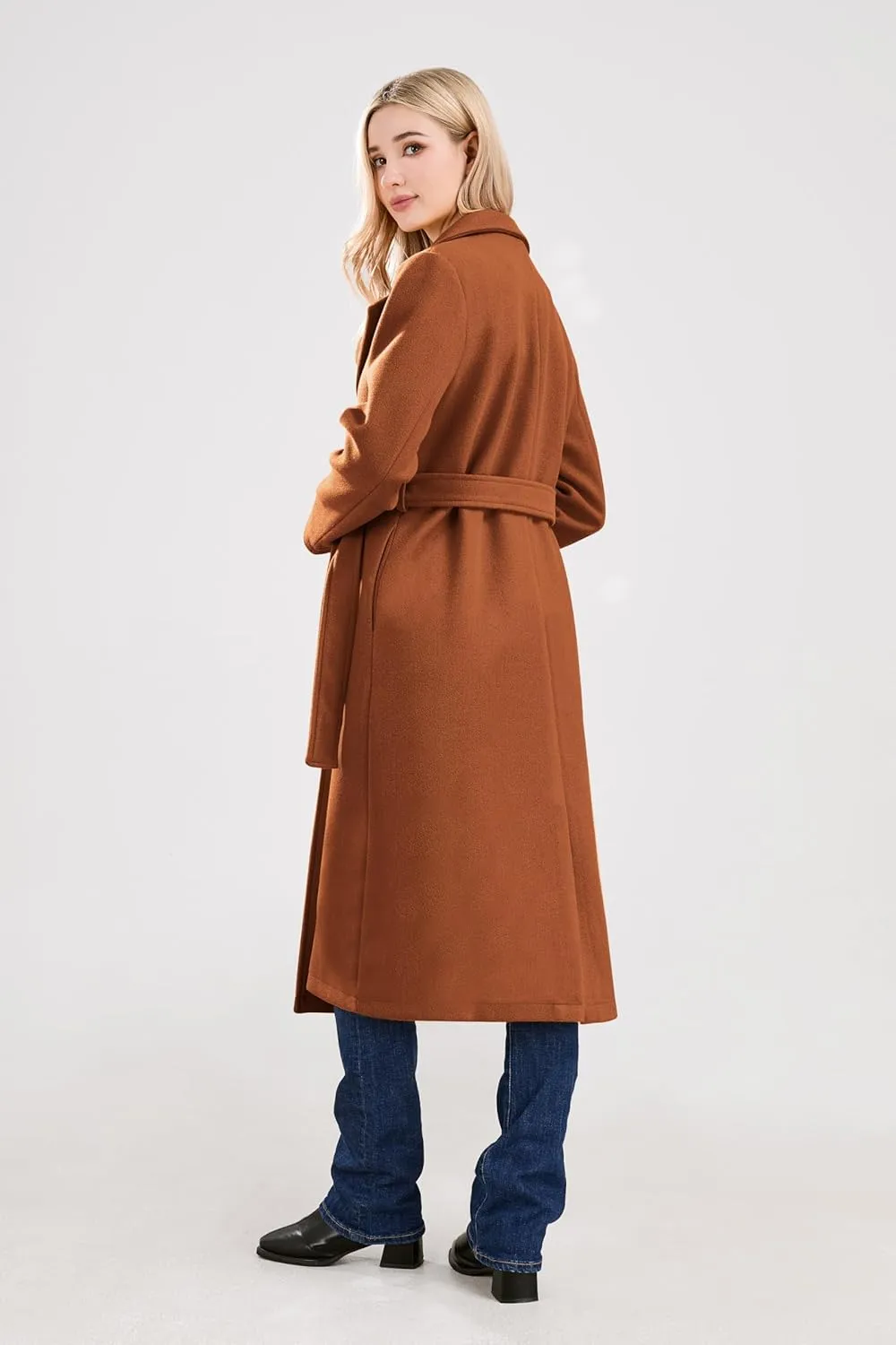 utcoco Womens Long Wool Pea Coats Notched Collar Open Front Woolen Blend Trench Coat with Belt