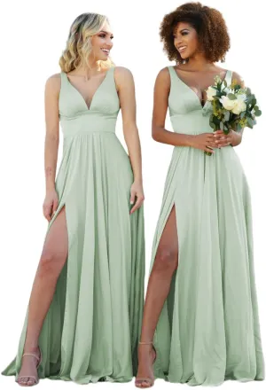V Neck Bridesmaid Dresses for Wedding Long Chiffon Formal Evening Party Gown for Women