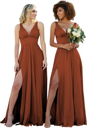 V Neck Bridesmaid Dresses for Wedding Long Chiffon Formal Evening Party Gown for Women