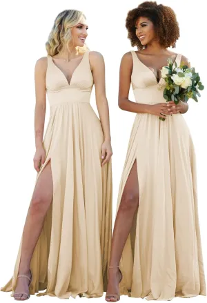 V Neck Bridesmaid Dresses for Wedding Long Chiffon Formal Evening Party Gown for Women