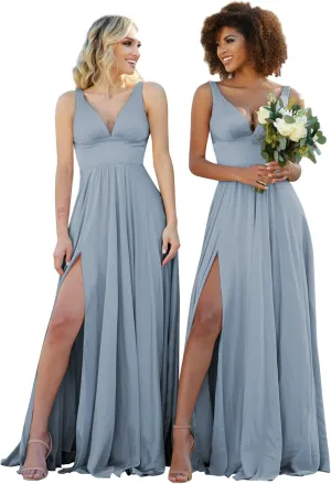 V Neck Bridesmaid Dresses for Wedding Long Chiffon Formal Evening Party Gown for Women