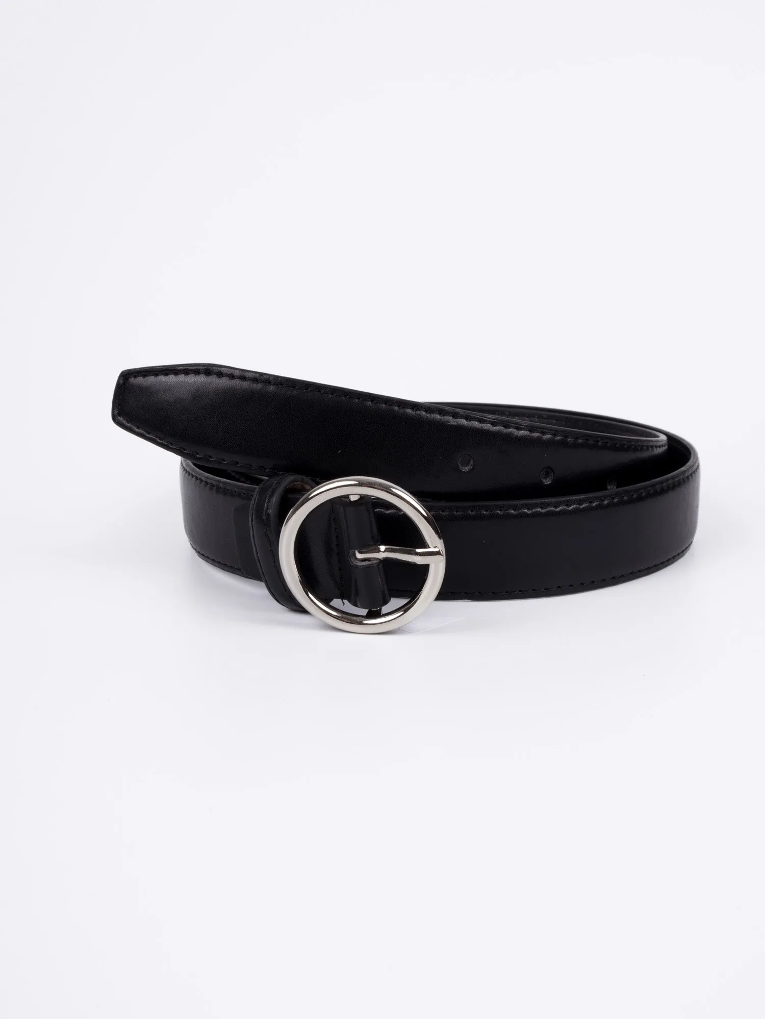 Vegan PU Leather Belt - Amiens - Round Buckle - Silver / Black - 107cm
