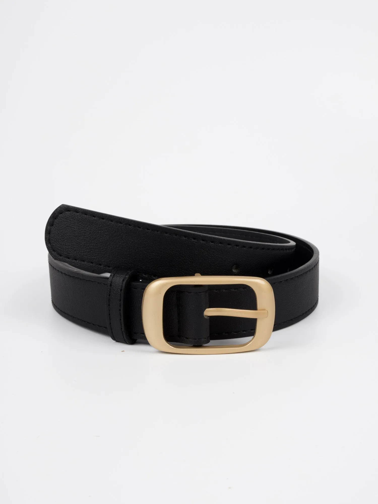 Vegan PU Leather Belt - Auxerre - Classic Rectangular Buckle - Gold / Black - 103cm