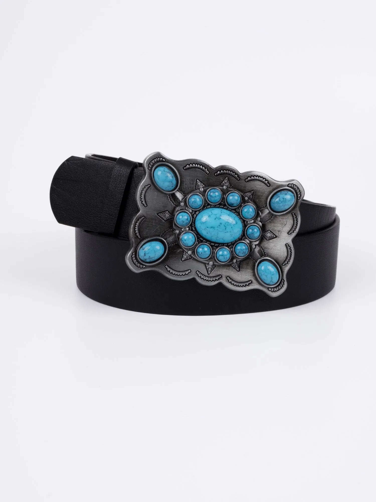 Vegan PU Leather Belt - Caen - Turquoise Rectangle Boho Buckle - Silver / Black - 110cm