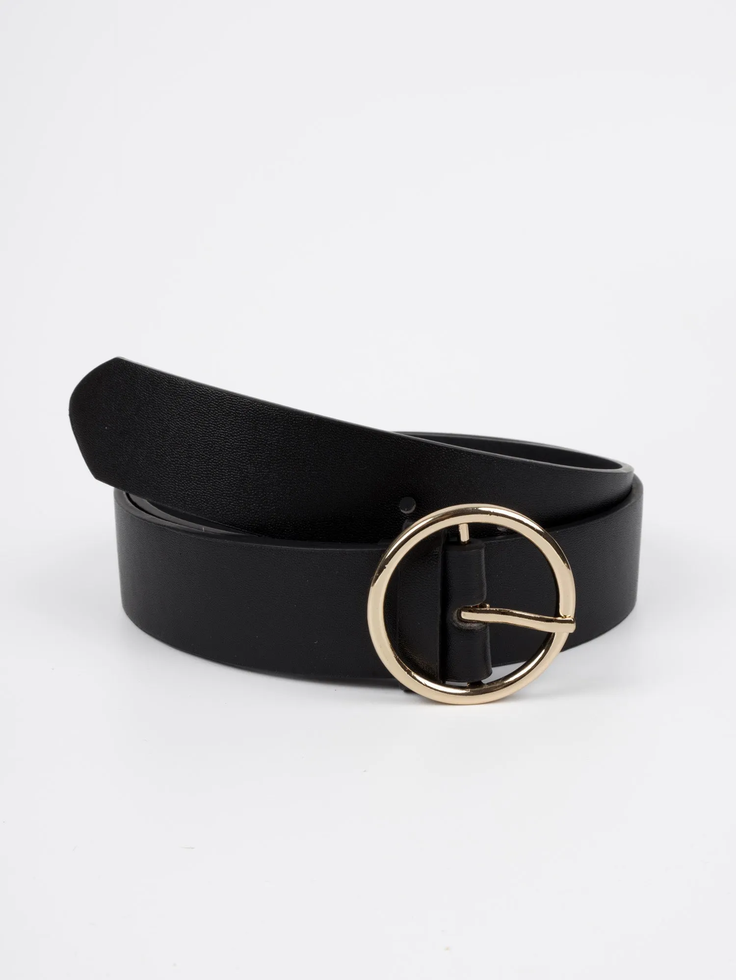 Vegan PU Leather Belt - Melun - Circular Buckle - Gold / Black - 105cm