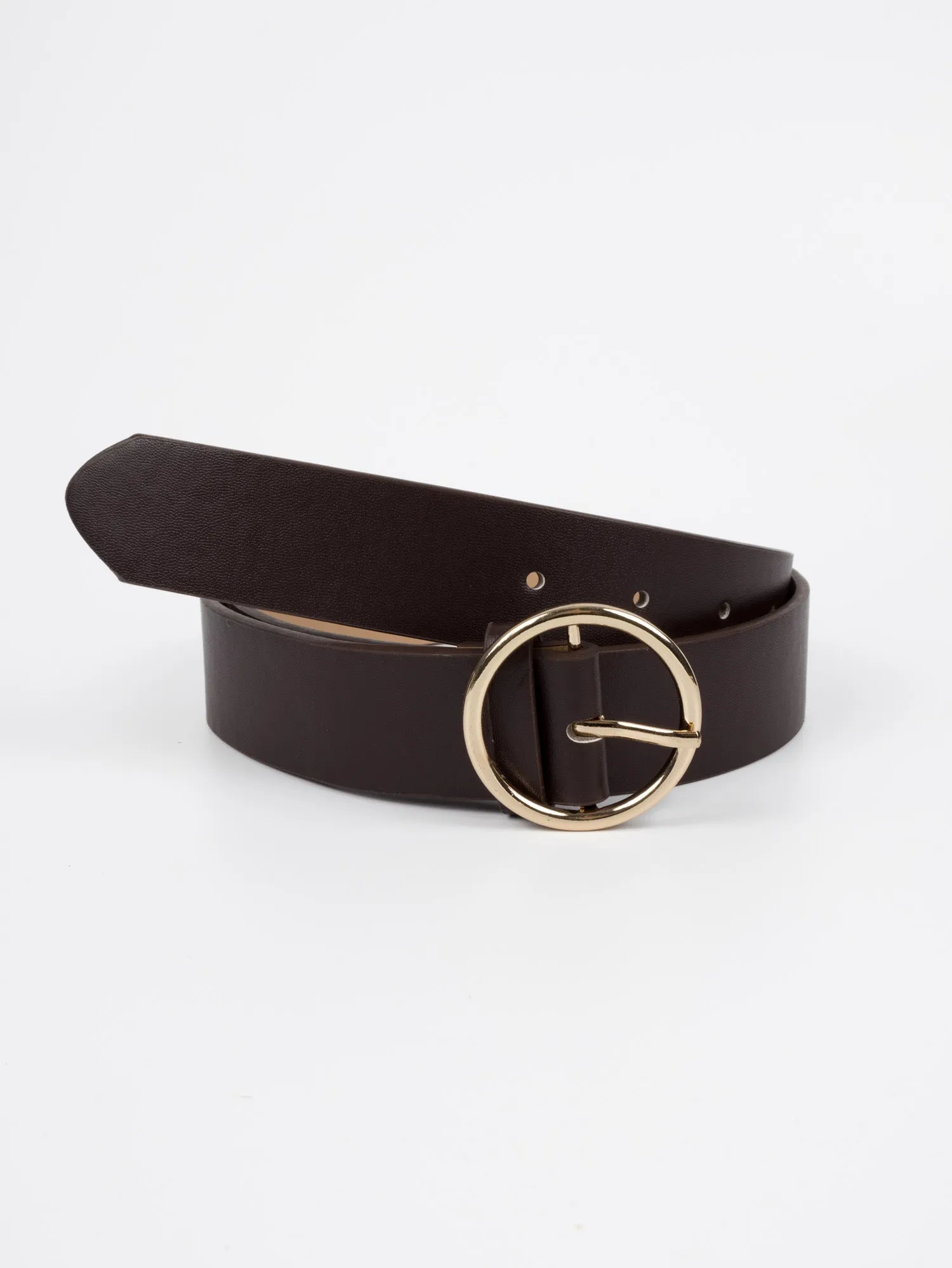 Vegan PU Leather Belt - Melun - Circular Buckle - Gold / Coffee - 105cm