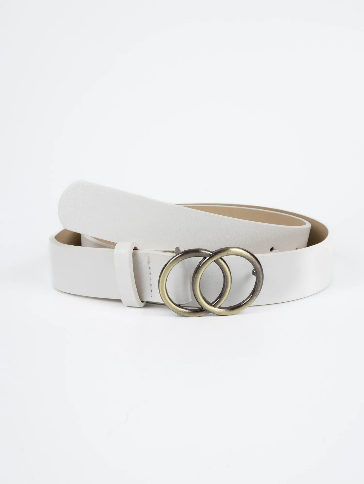 Vegan PU Leather Belt - Montpellier - Double Ring Buckle - Gold / White - 105cm