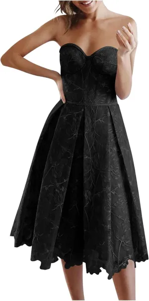 Wedding Guests Dresses Women Bandeau Tube Strapless Floral Lace Tulle Dress Corset A-Line Midi Cocktail Party Gown