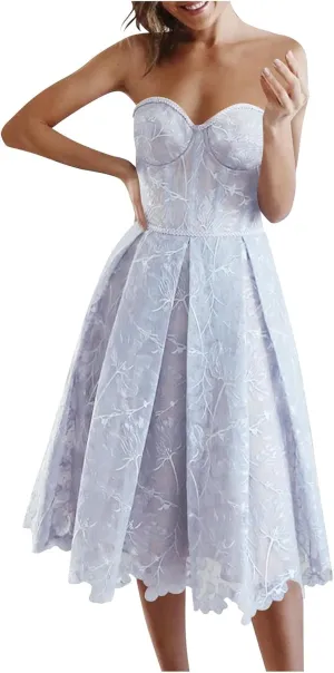 Wedding Guests Dresses Women Bandeau Tube Strapless Floral Lace Tulle Dress Corset A-Line Midi Cocktail Party Gown