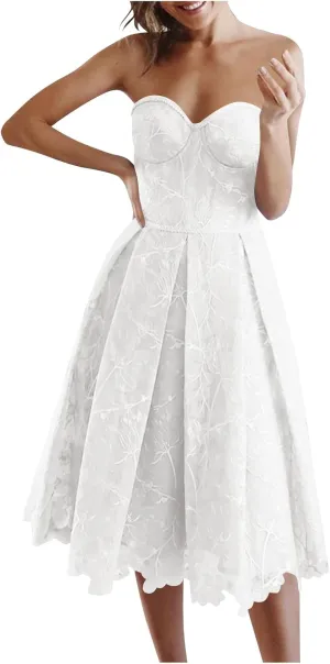 Wedding Guests Dresses Women Bandeau Tube Strapless Floral Lace Tulle Dress Corset A-Line Midi Cocktail Party Gown