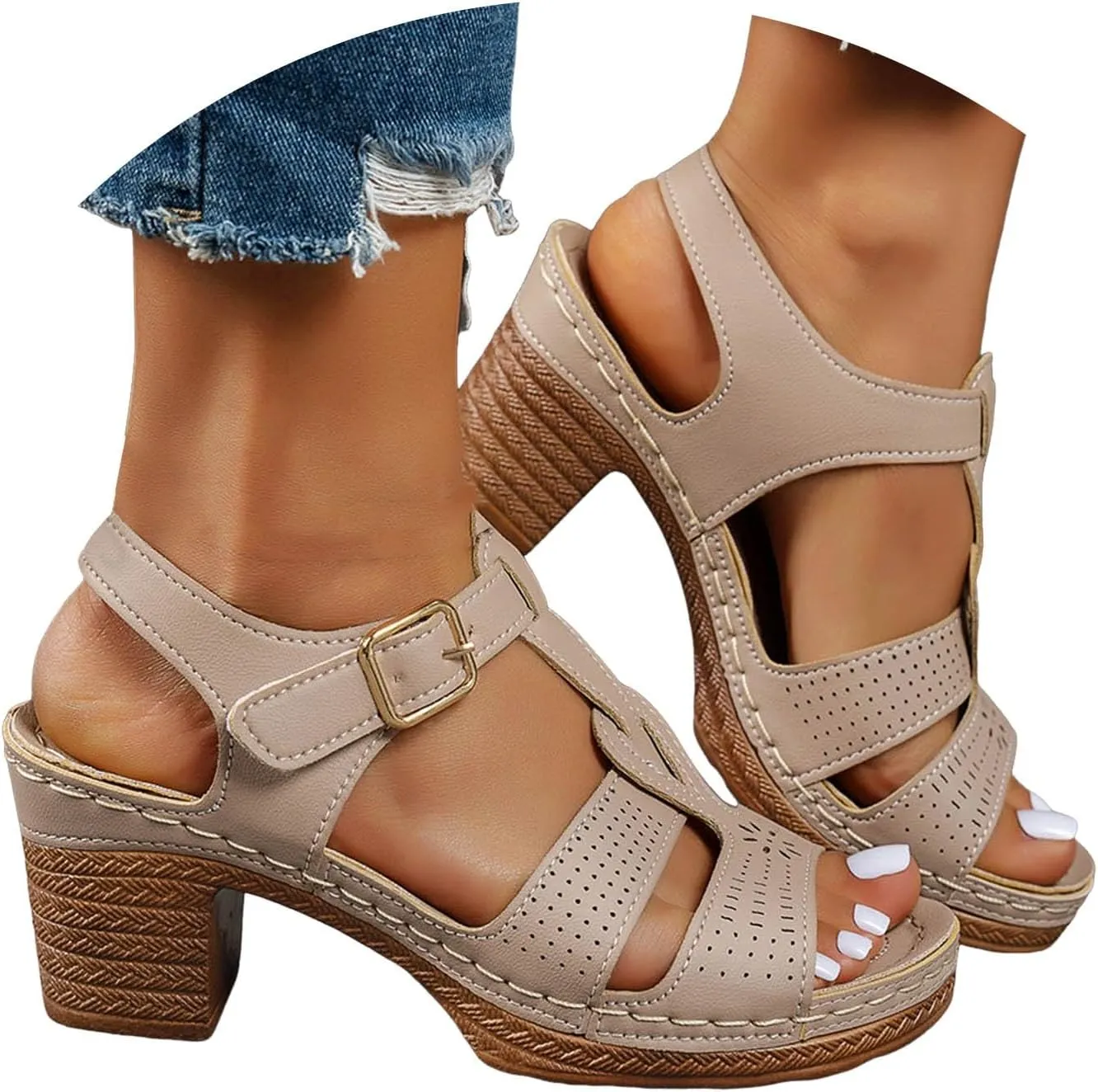 Wedge Sandals for Women Adjustable Ankle Strap Women's Heels Open Toe Chunky Heeled Summer Dress Pumps Shoes