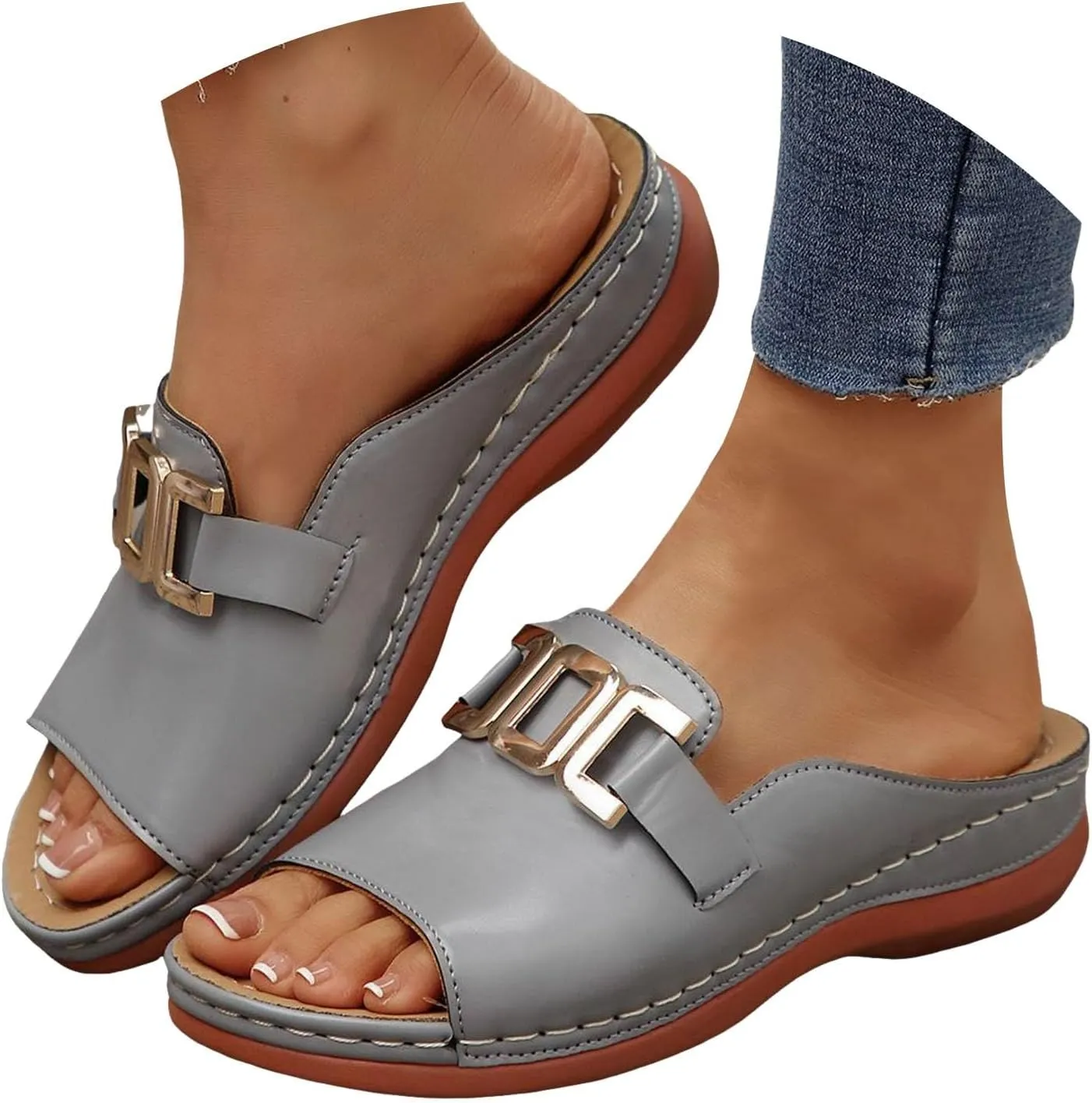 Wedge Sandals for Women Arch Support Slippers For Woman Metal Decoration Open Toe Wide Width Orthopedic Sandal