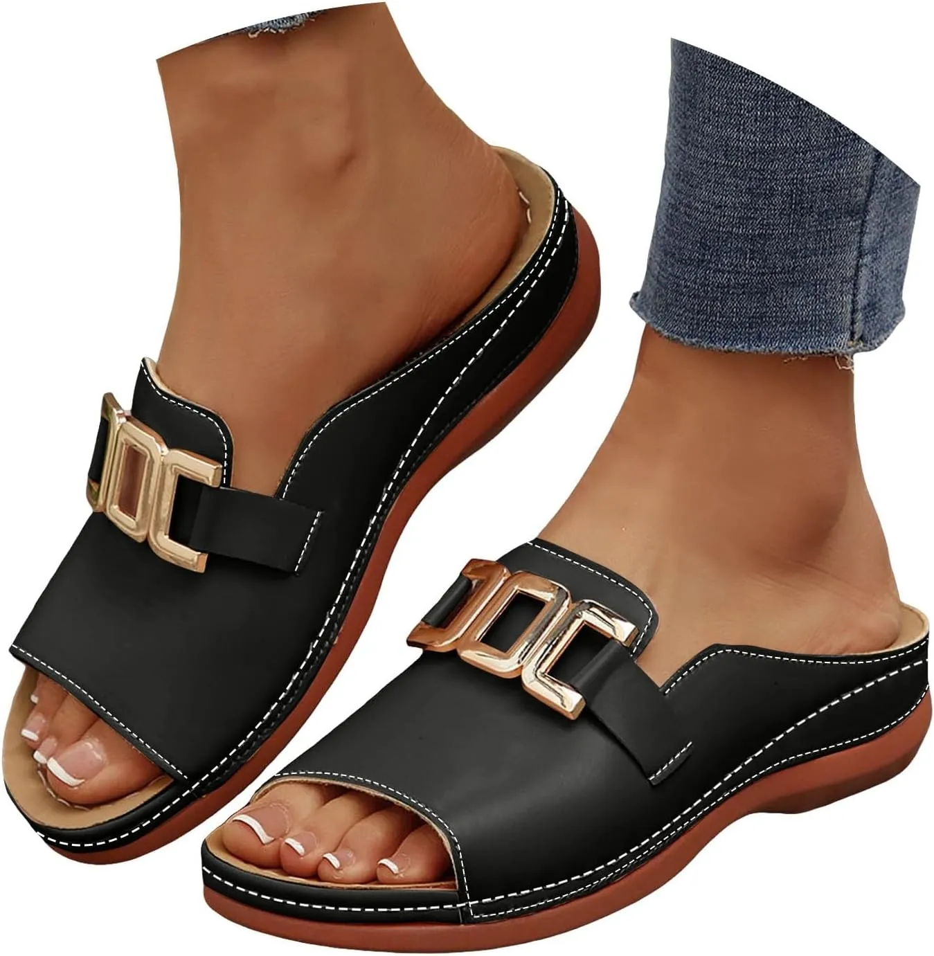 Wedge Sandals for Women Arch Support Slippers For Woman Metal Decoration Open Toe Wide Width Orthopedic Sandal