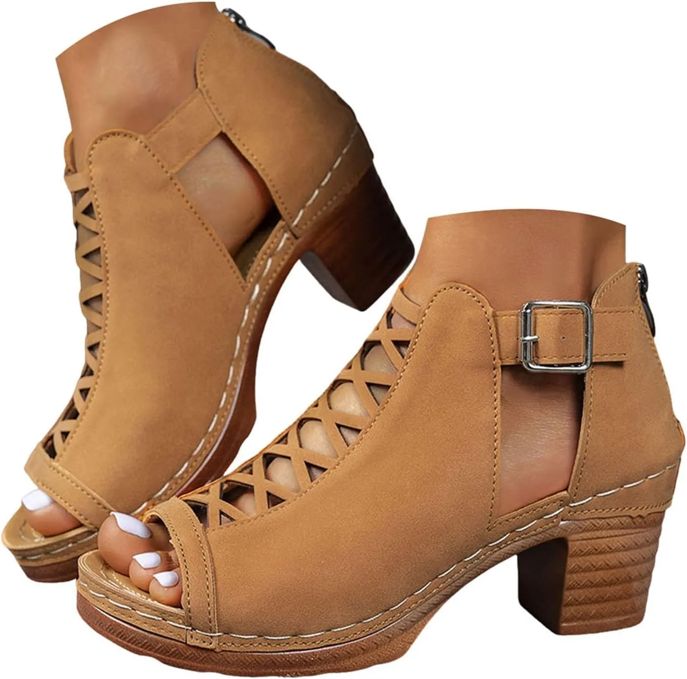 Wedge Sandals for Women Lace-Up Black Heels Buckle Open Toe Back Zipper Low Block Heeled Pumps Shoes For Work