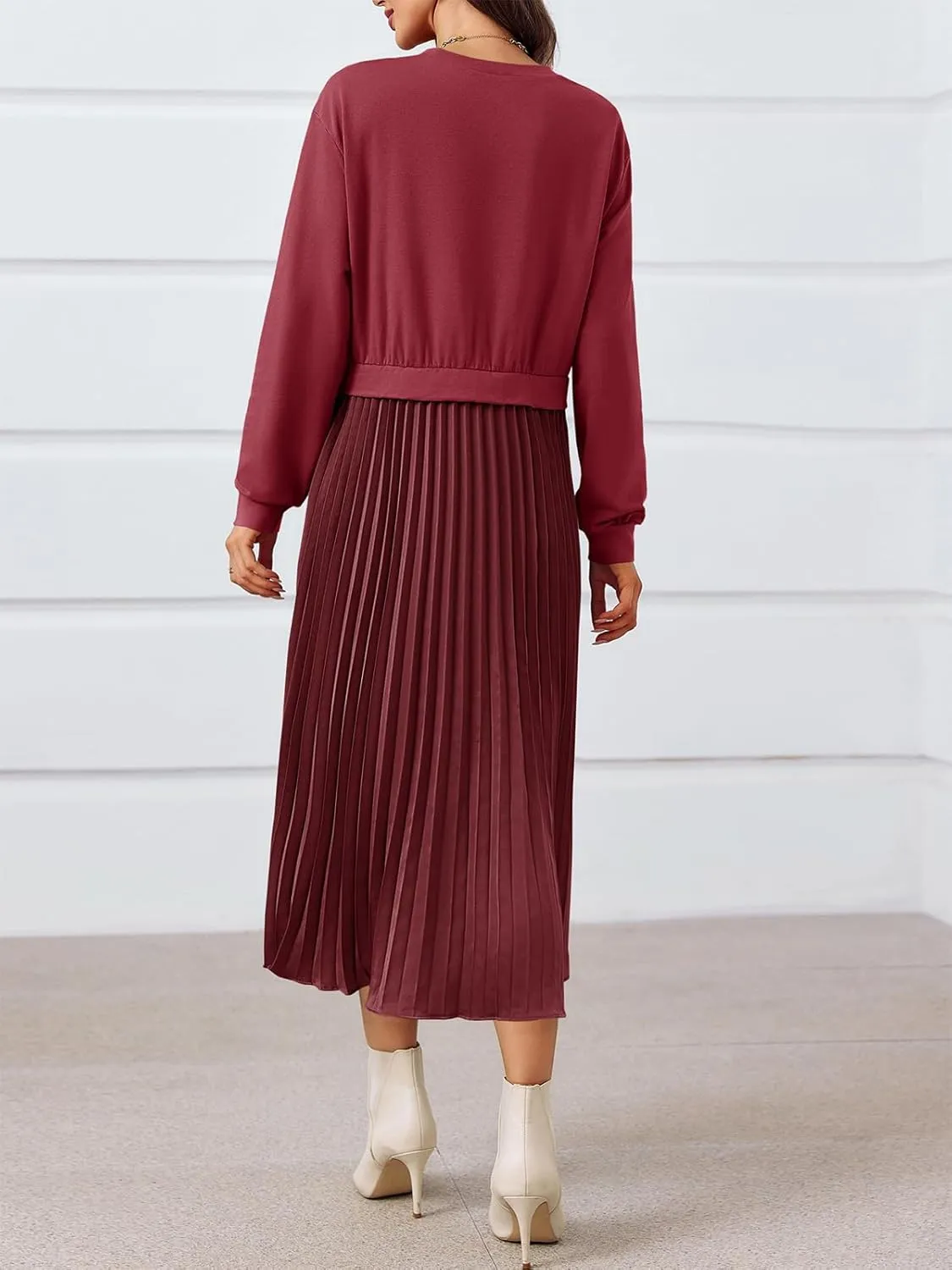 Wenrine Womens Sweatshirt Dress Casual Patchwork Long Sleeve Crewneck Pleated Fall Maxi Dresses