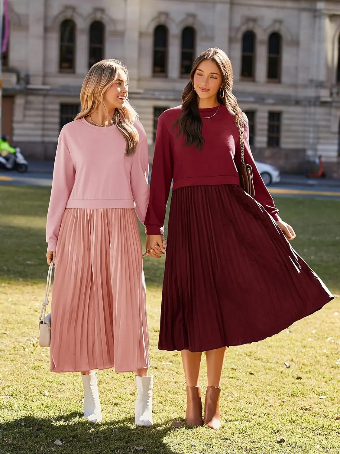 Wenrine Womens Sweatshirt Dress Casual Patchwork Long Sleeve Crewneck Pleated Fall Maxi Dresses