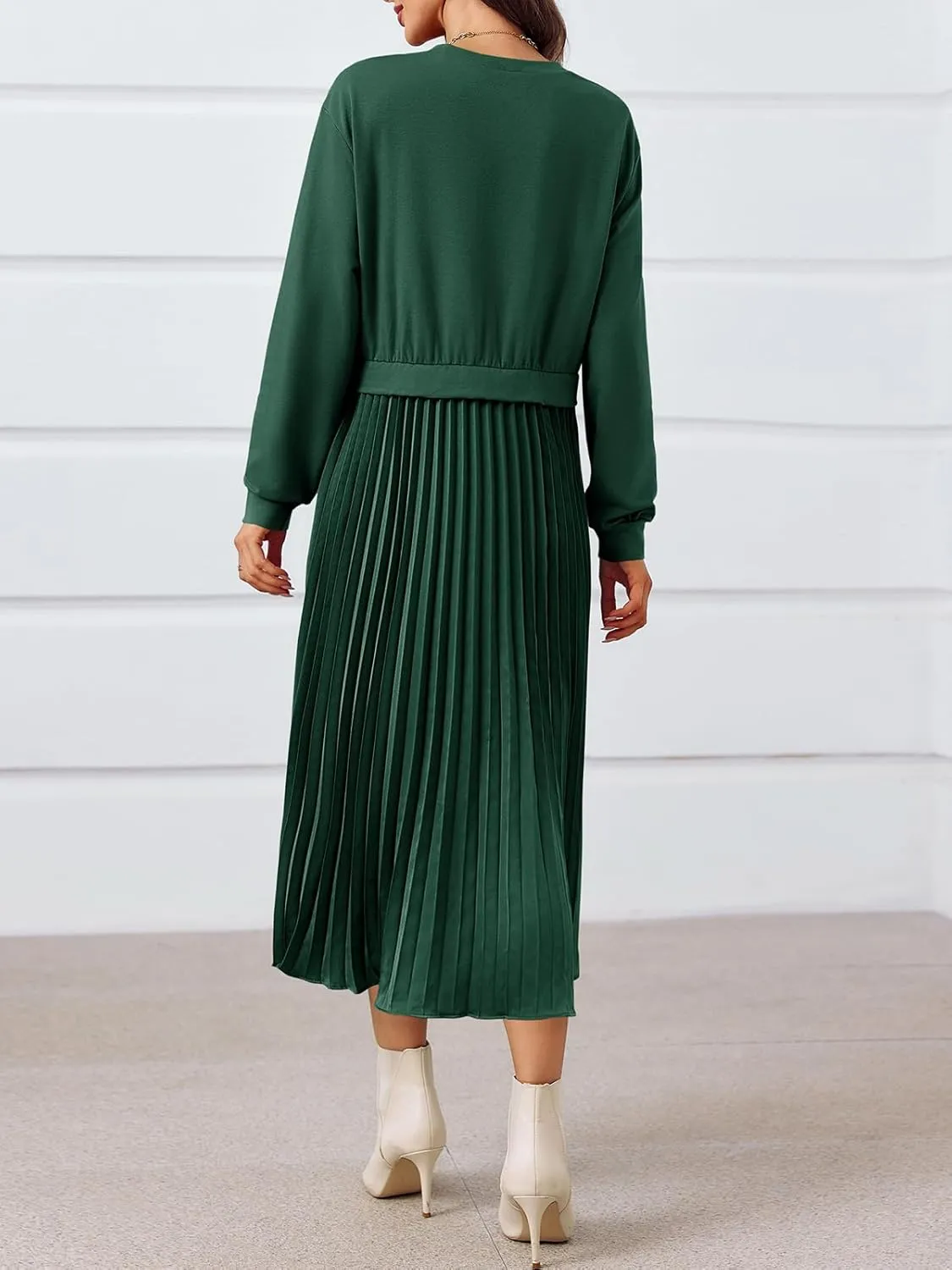Wenrine Womens Sweatshirt Dress Casual Patchwork Long Sleeve Crewneck Pleated Fall Maxi Dresses