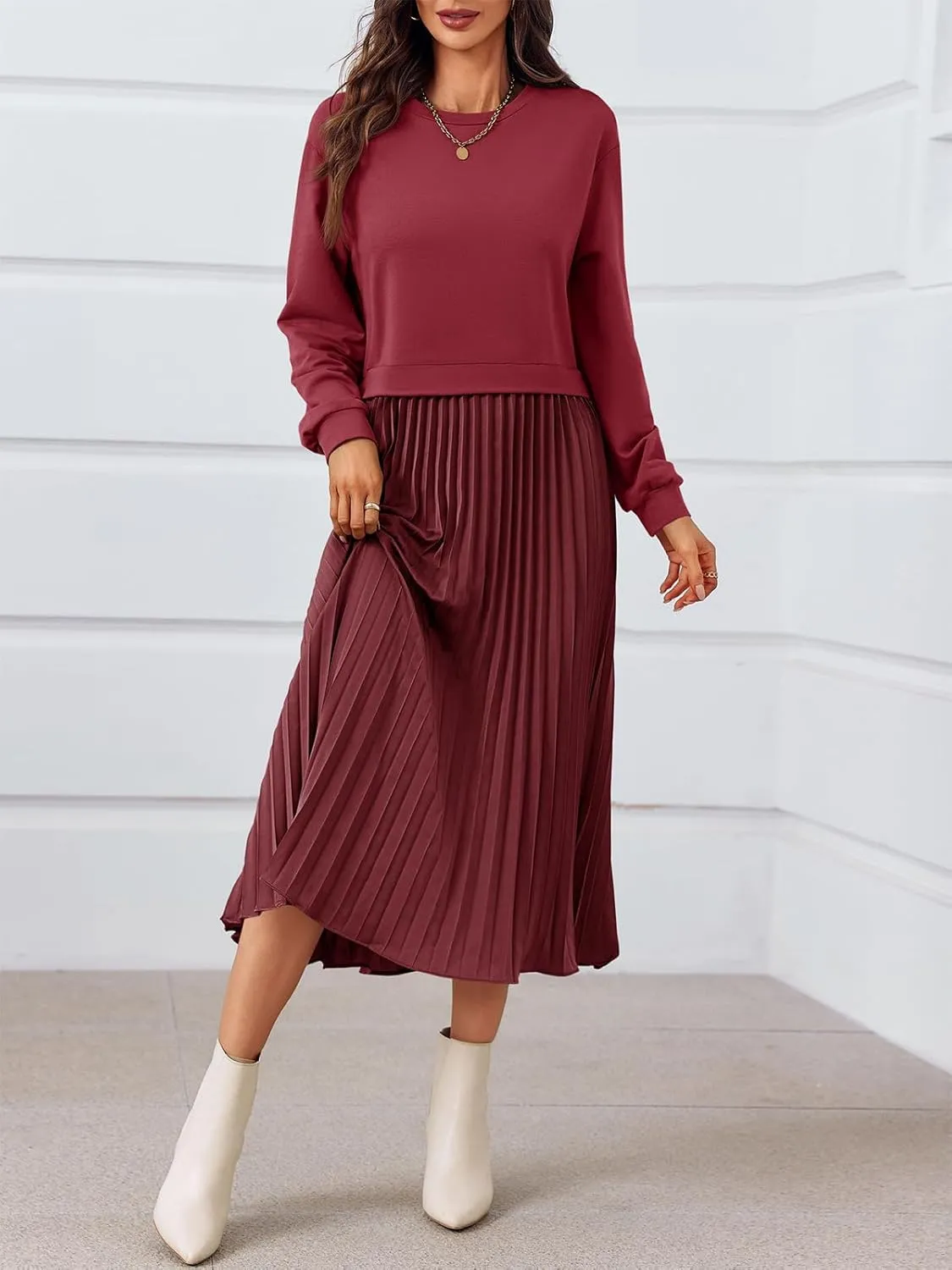Wenrine Womens Sweatshirt Dress Casual Patchwork Long Sleeve Crewneck Pleated Fall Maxi Dresses