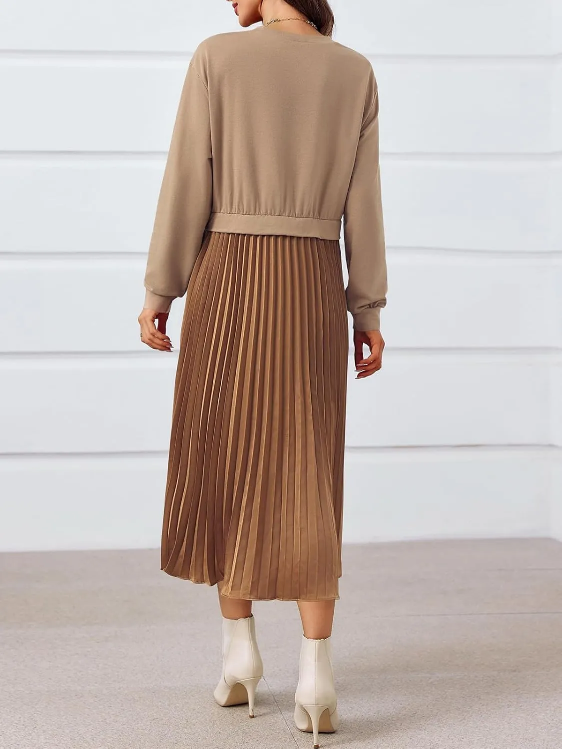 Wenrine Womens Sweatshirt Dress Casual Patchwork Long Sleeve Crewneck Pleated Fall Maxi Dresses