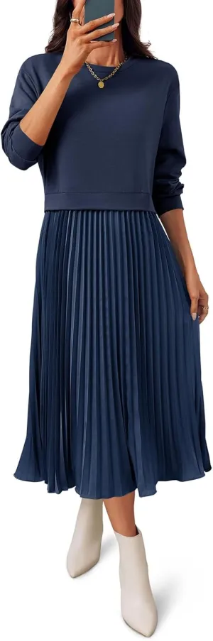 Wenrine Womens Sweatshirt Dress Casual Patchwork Long Sleeve Crewneck Pleated Fall Maxi Dresses