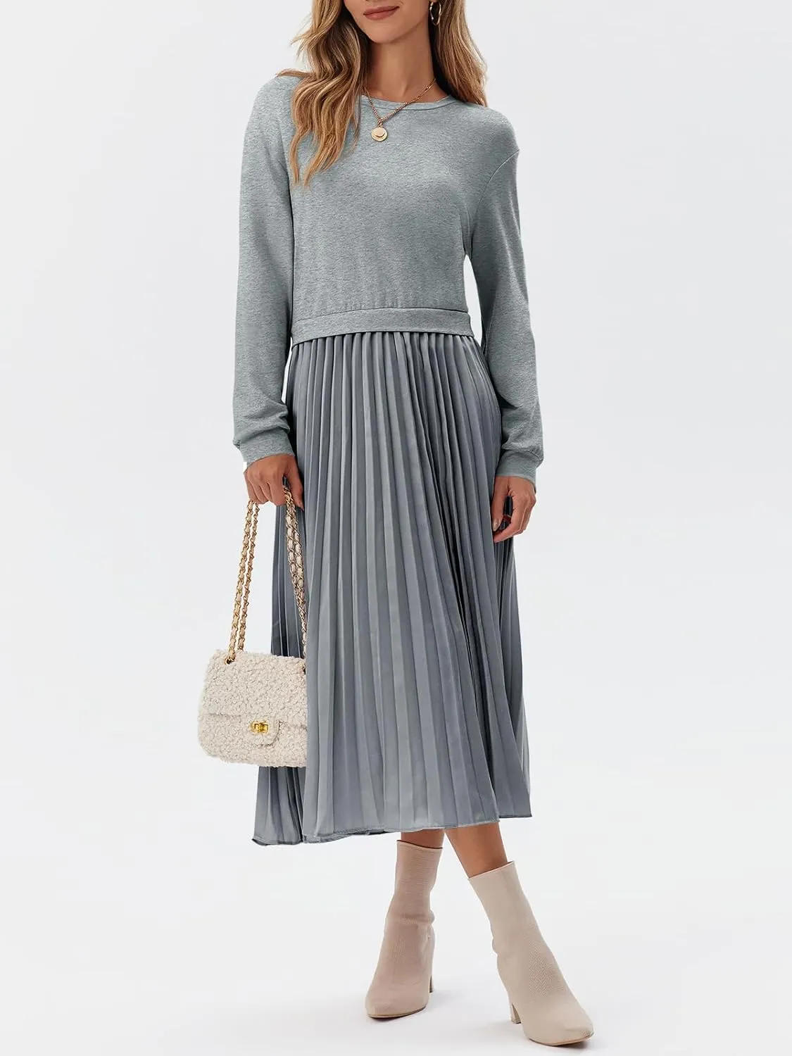 Wenrine Womens Sweatshirt Dress Casual Patchwork Long Sleeve Crewneck Pleated Fall Maxi Dresses