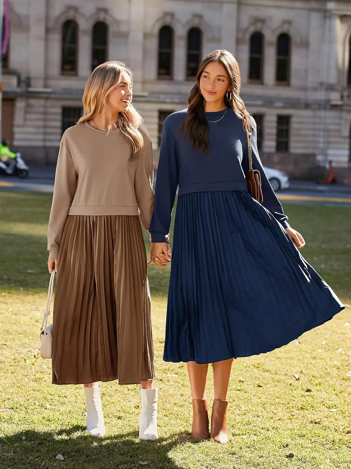 Wenrine Womens Sweatshirt Dress Casual Patchwork Long Sleeve Crewneck Pleated Fall Maxi Dresses