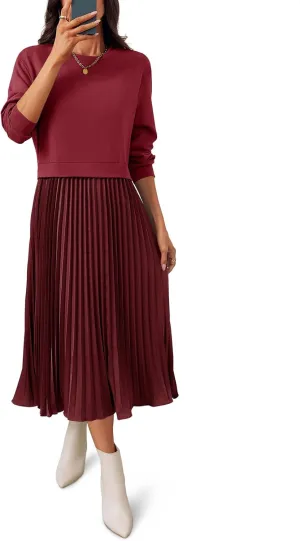 Wenrine Womens Sweatshirt Dress Casual Patchwork Long Sleeve Crewneck Pleated Fall Maxi Dresses
