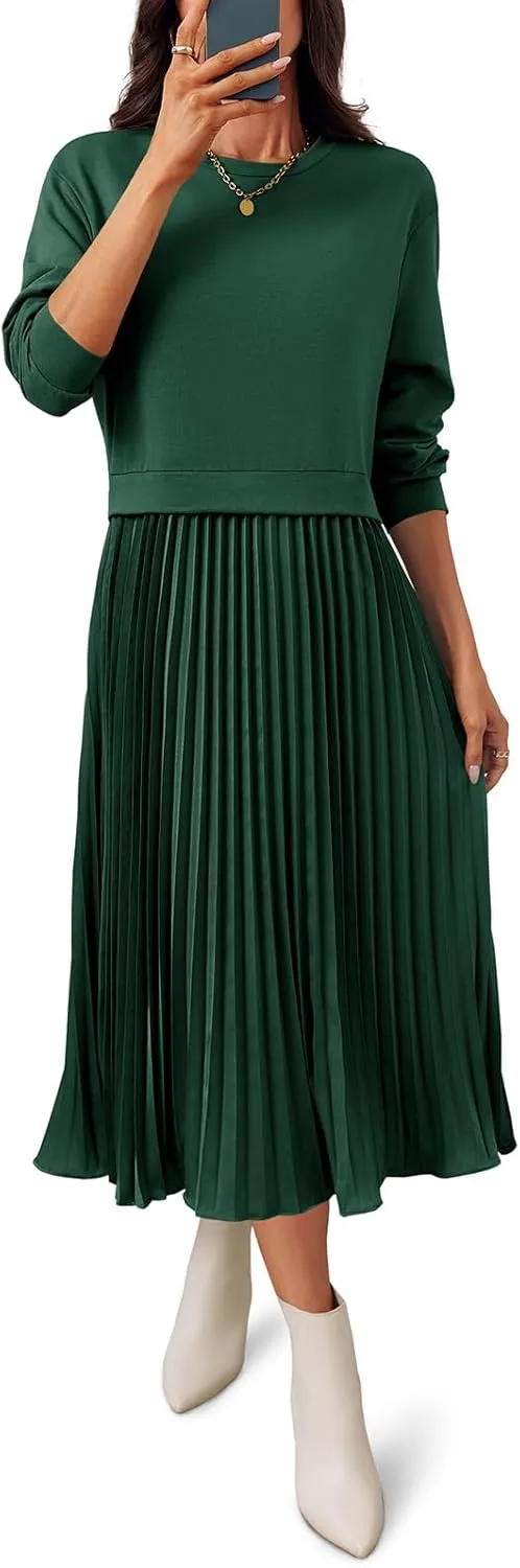 Wenrine Womens Sweatshirt Dress Casual Patchwork Long Sleeve Crewneck Pleated Fall Maxi Dresses
