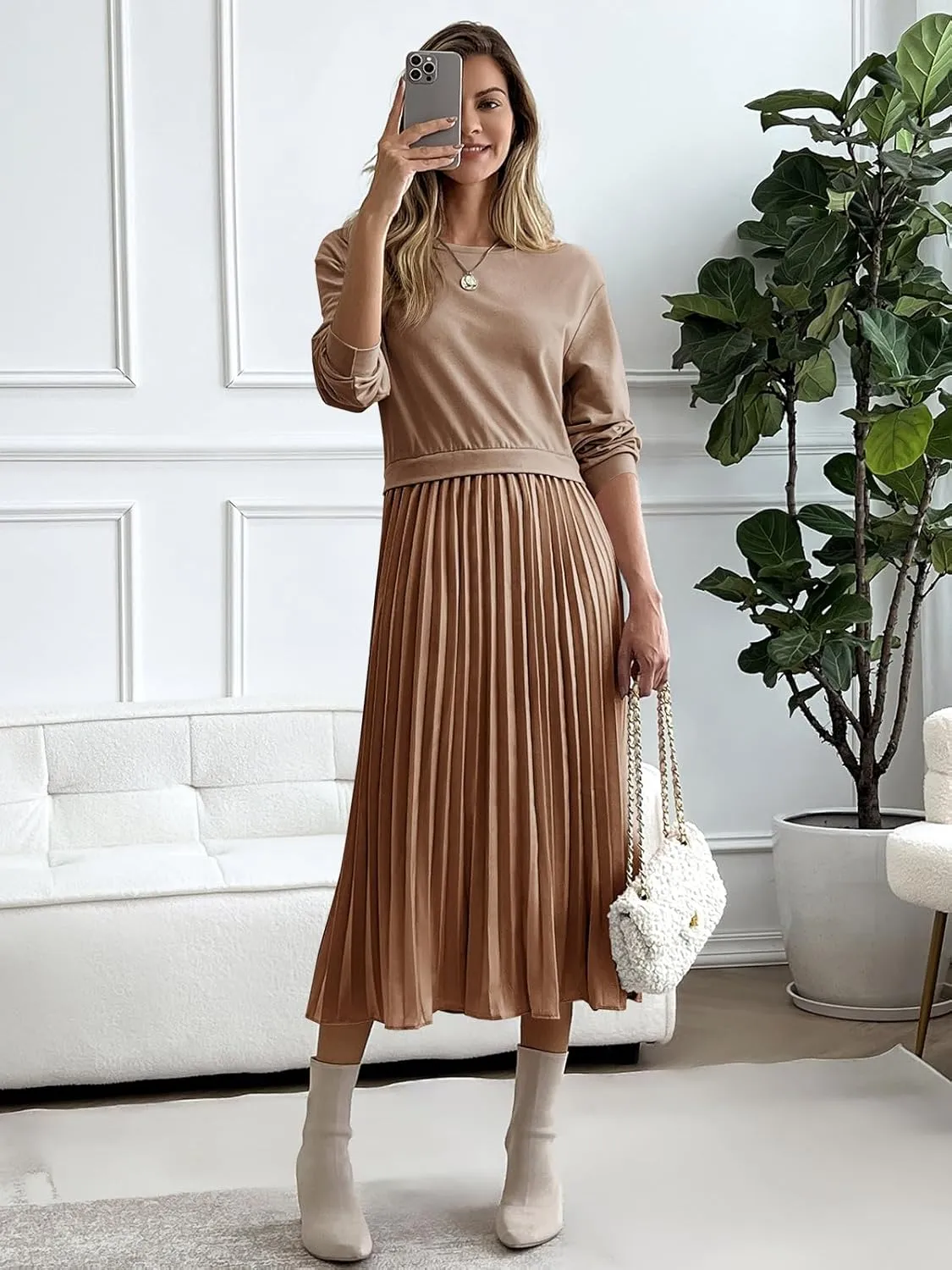 Wenrine Womens Sweatshirt Dress Casual Patchwork Long Sleeve Crewneck Pleated Fall Maxi Dresses
