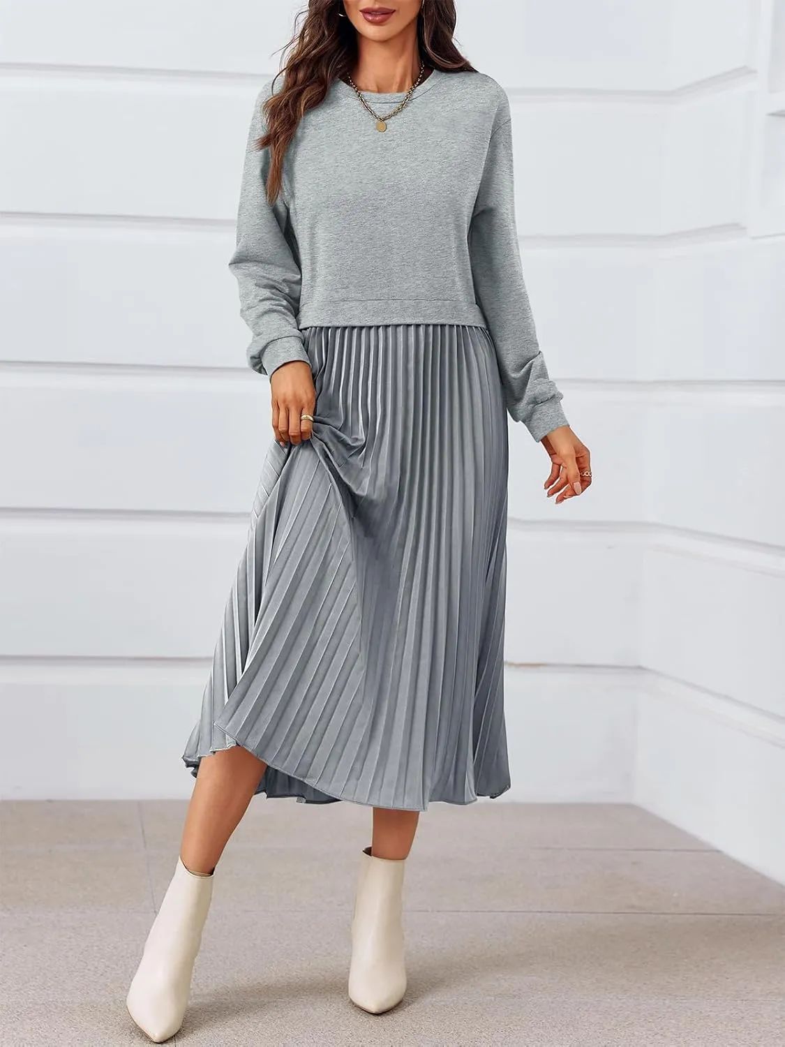 Wenrine Womens Sweatshirt Dress Casual Patchwork Long Sleeve Crewneck Pleated Fall Maxi Dresses