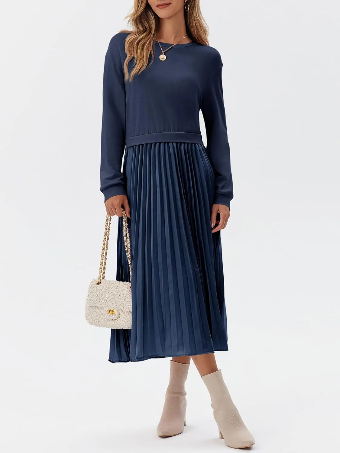Wenrine Womens Sweatshirt Dress Casual Patchwork Long Sleeve Crewneck Pleated Fall Maxi Dresses