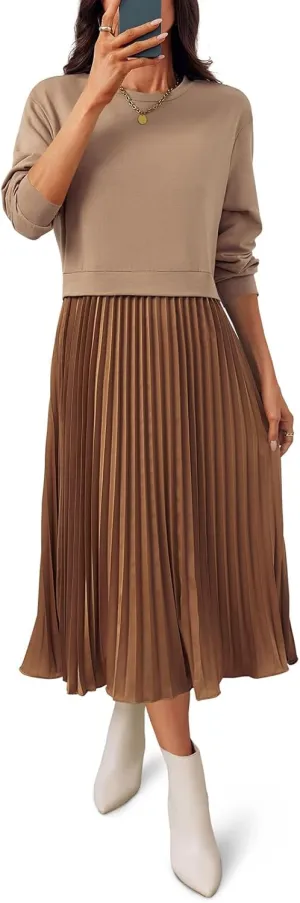 Wenrine Womens Sweatshirt Dress Casual Patchwork Long Sleeve Crewneck Pleated Fall Maxi Dresses