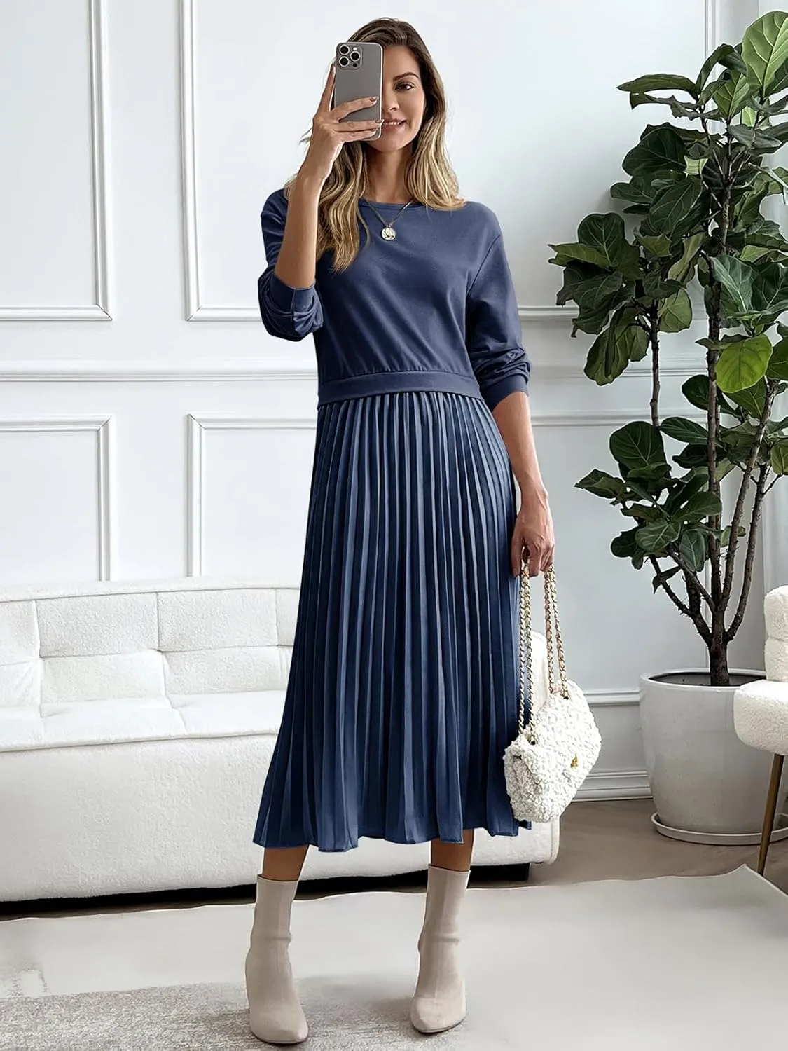 Wenrine Womens Sweatshirt Dress Casual Patchwork Long Sleeve Crewneck Pleated Fall Maxi Dresses