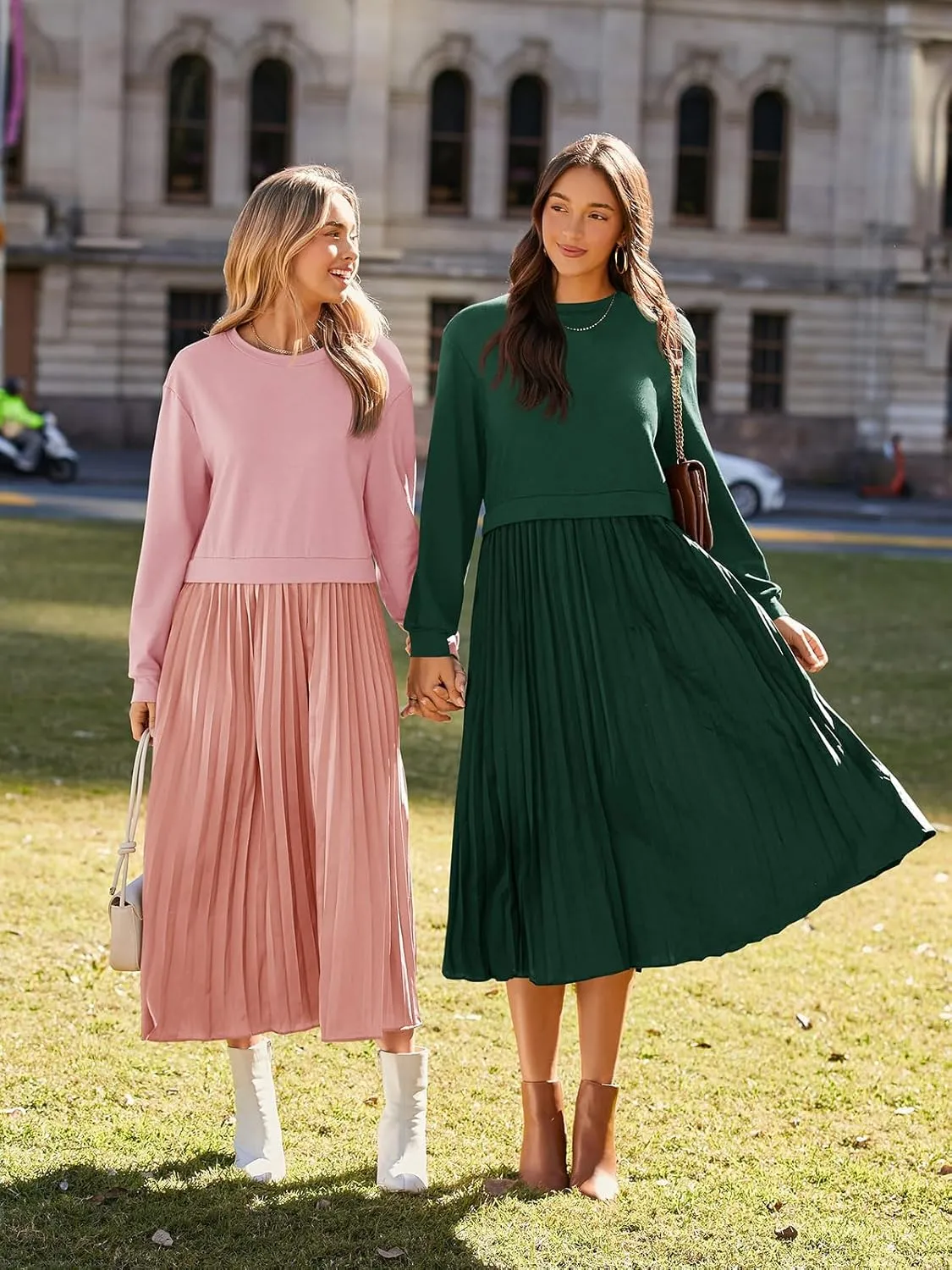 Wenrine Womens Sweatshirt Dress Casual Patchwork Long Sleeve Crewneck Pleated Fall Maxi Dresses